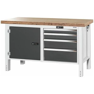 Banco da lavoro, sportello lato sinistro, lato destro con 4 cassetti, Piano in bambù, 20×20G, Lunghezza piano: 1500mm